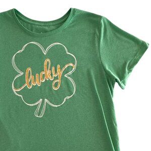 Lucky Shamrock Shirt Size L XL Green St Patricks Day Tee Hand Sewn Sequin